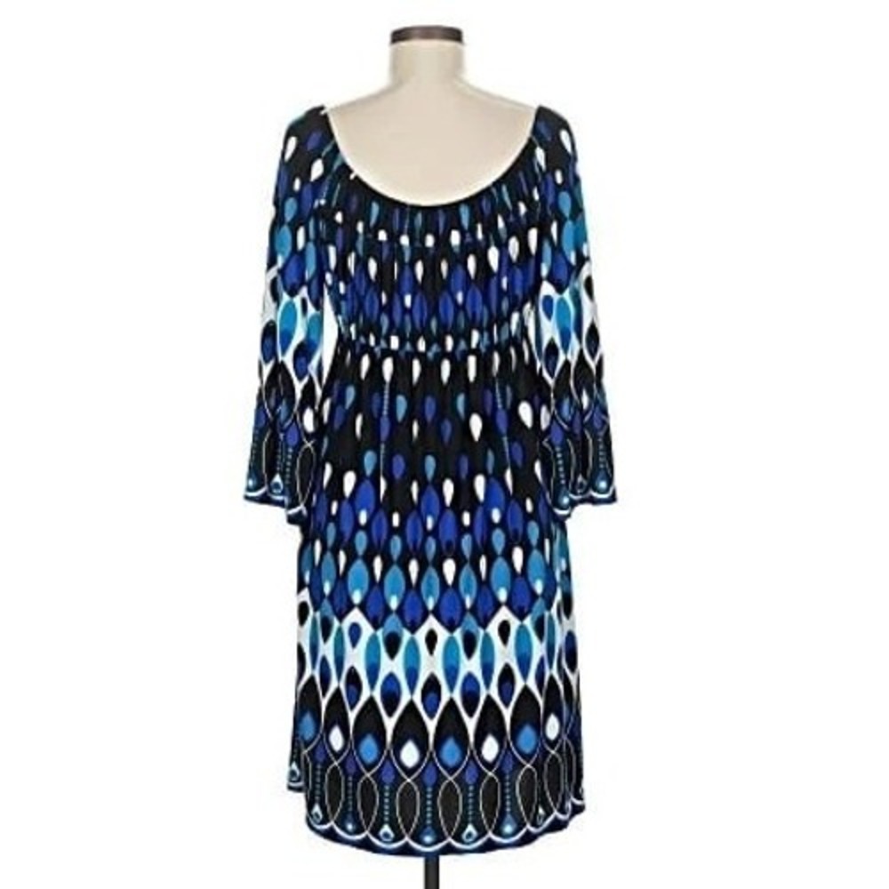 Muse Scoop Neck‎ Geometric Dress Women's 10 Black Blue Career Boho Feminine Y2K - Picture 2 of 12